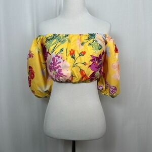 Floral Puff Sleeve Crop Top Small Off-Shoulder Open Back Festival Colorful‎ Boho